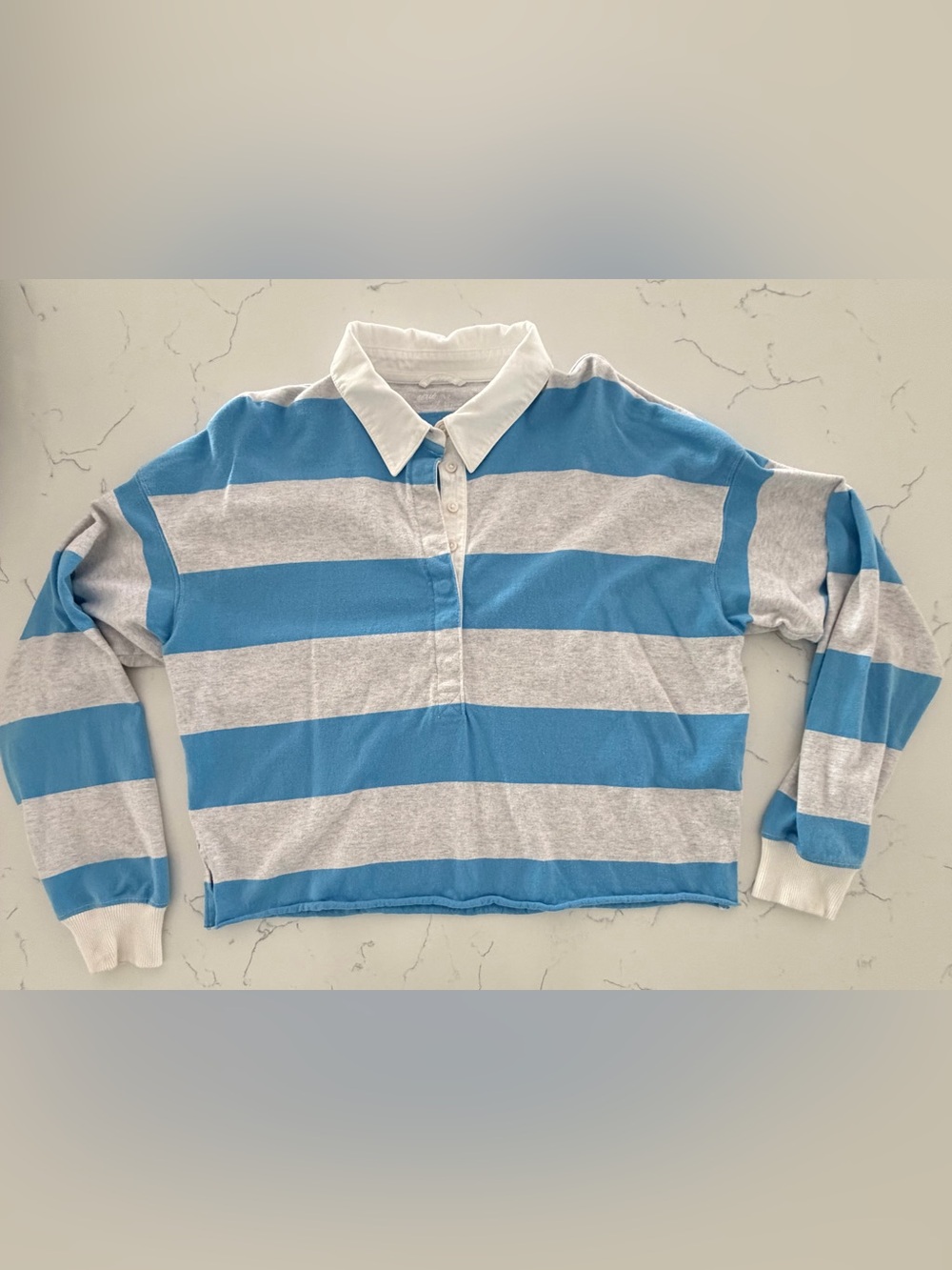 Aerie Sporty Prep Cropped Rugby Polo Shirt Blue Gray Striped Small